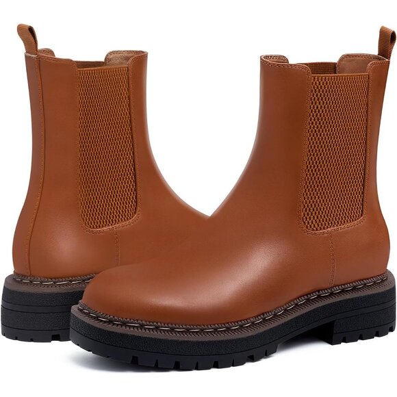 Athlefit Women Brown Chelsea Wedge Platform Slip on Lug Sole Elastic Ankle Boot - Picture 4 of 6